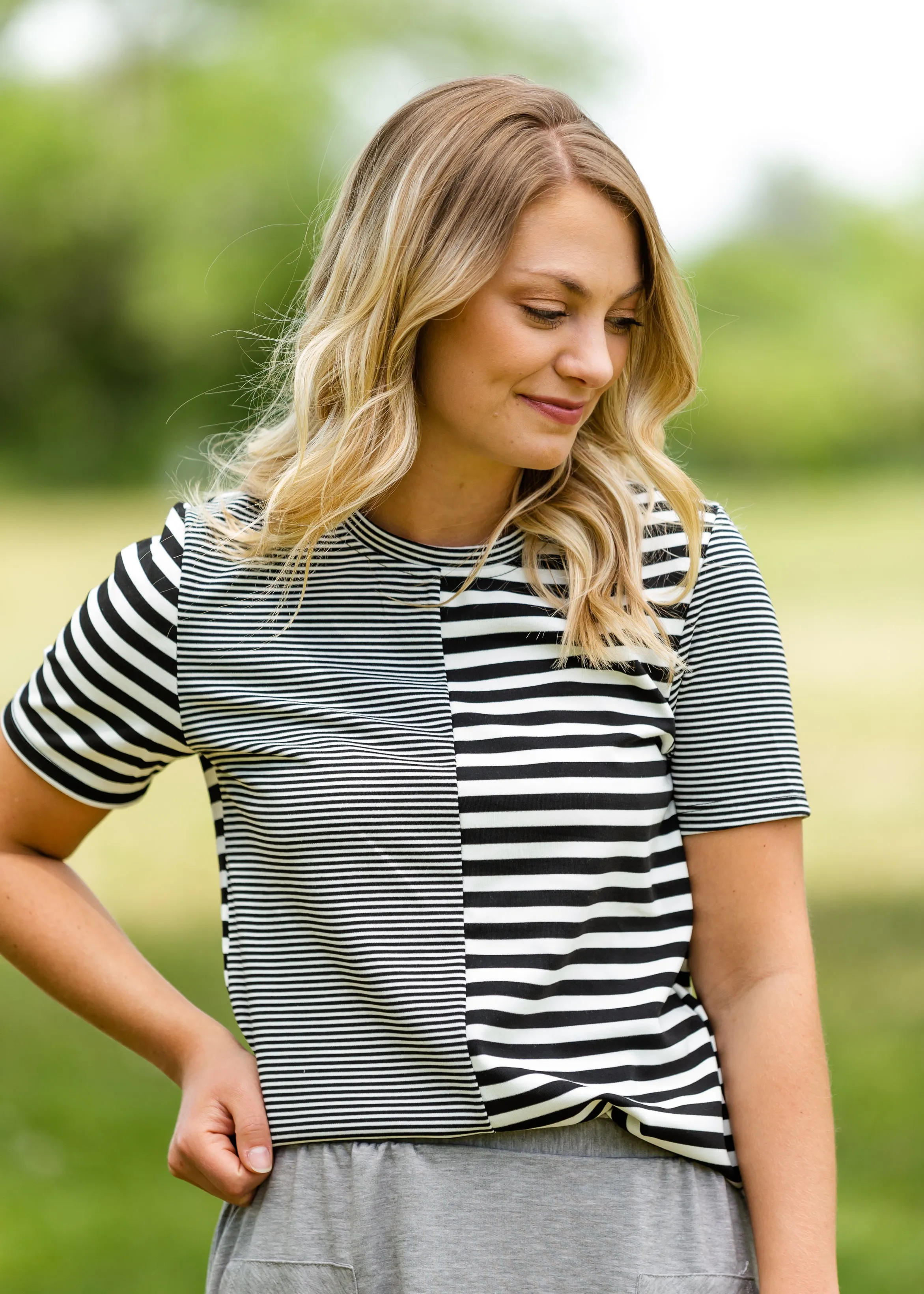 Black and White Mixed Striped Tee Shirt - FINAL SALE