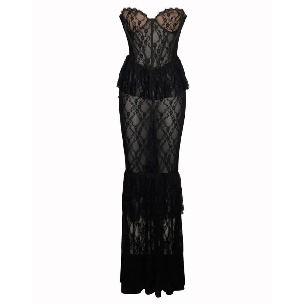 Black Lace Frill Sheer Graceful Tube Corset Maxi Dress