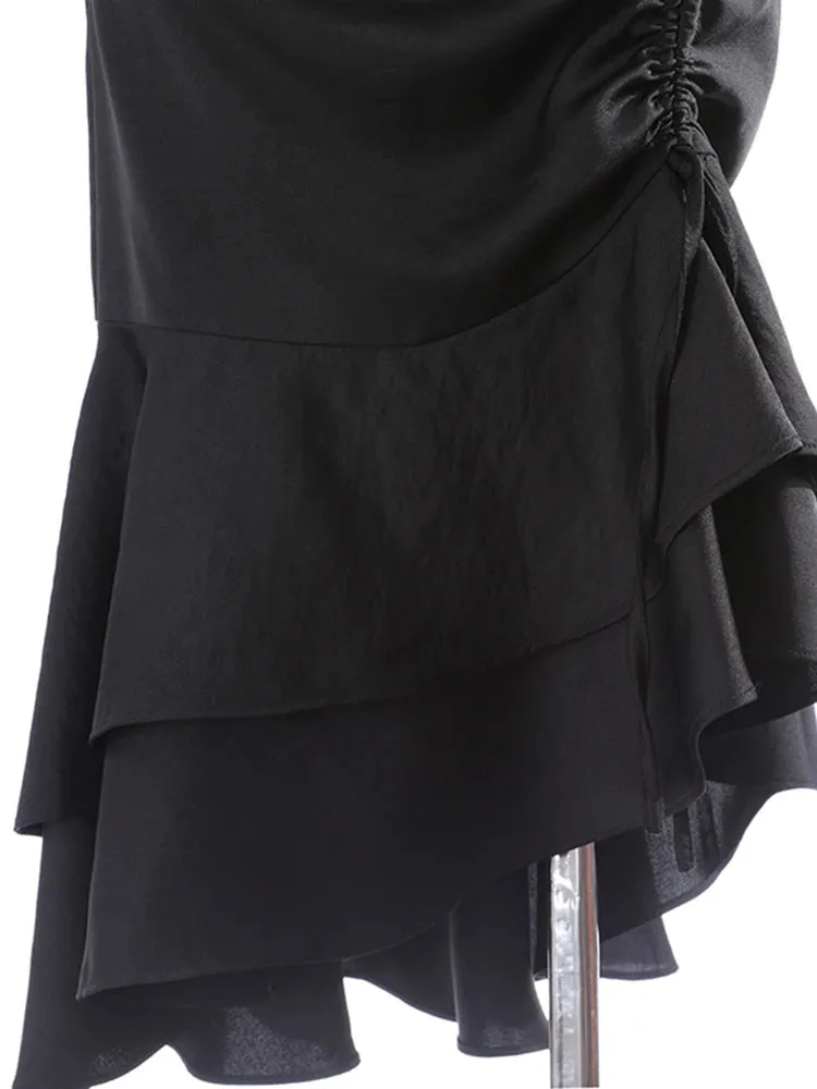 Black Patchwork Mesh Skirt For Women High Waist Chain Tassel Loose Midi Skirts Female Fashion Summer Clothing Style