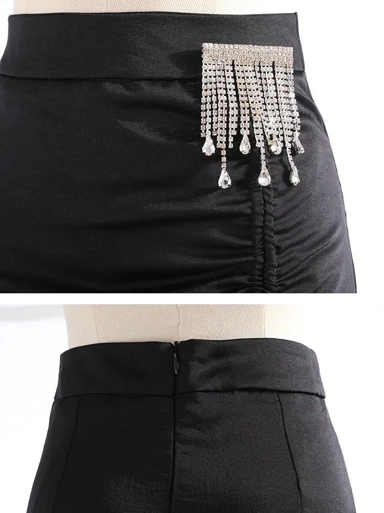 Black Patchwork Mesh Skirt For Women High Waist Chain Tassel Loose Midi Skirts Female Fashion Summer Clothing Style