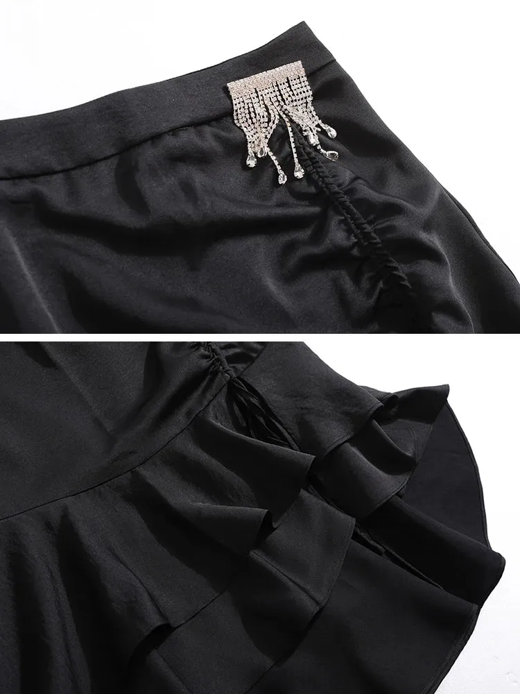 Black Patchwork Mesh Skirt For Women High Waist Chain Tassel Loose Midi Skirts Female Fashion Summer Clothing Style