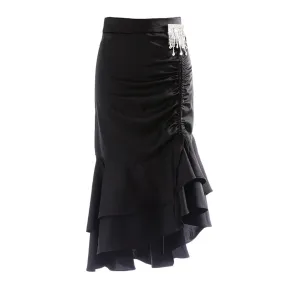 Black Patchwork Mesh Skirt For Women High Waist Chain Tassel Loose Midi Skirts Female Fashion Summer Clothing Style