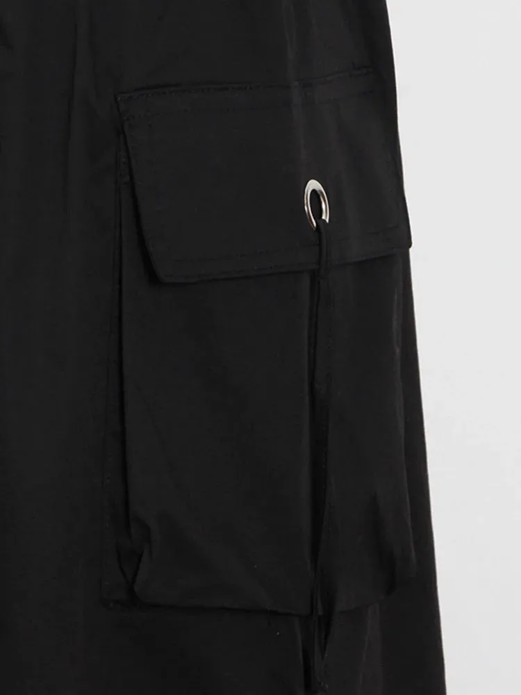 Black Patchwork Pocket Skirt For Women High Waist Drawstring Midi Casual Skirts Female Fashion Clothing Spring