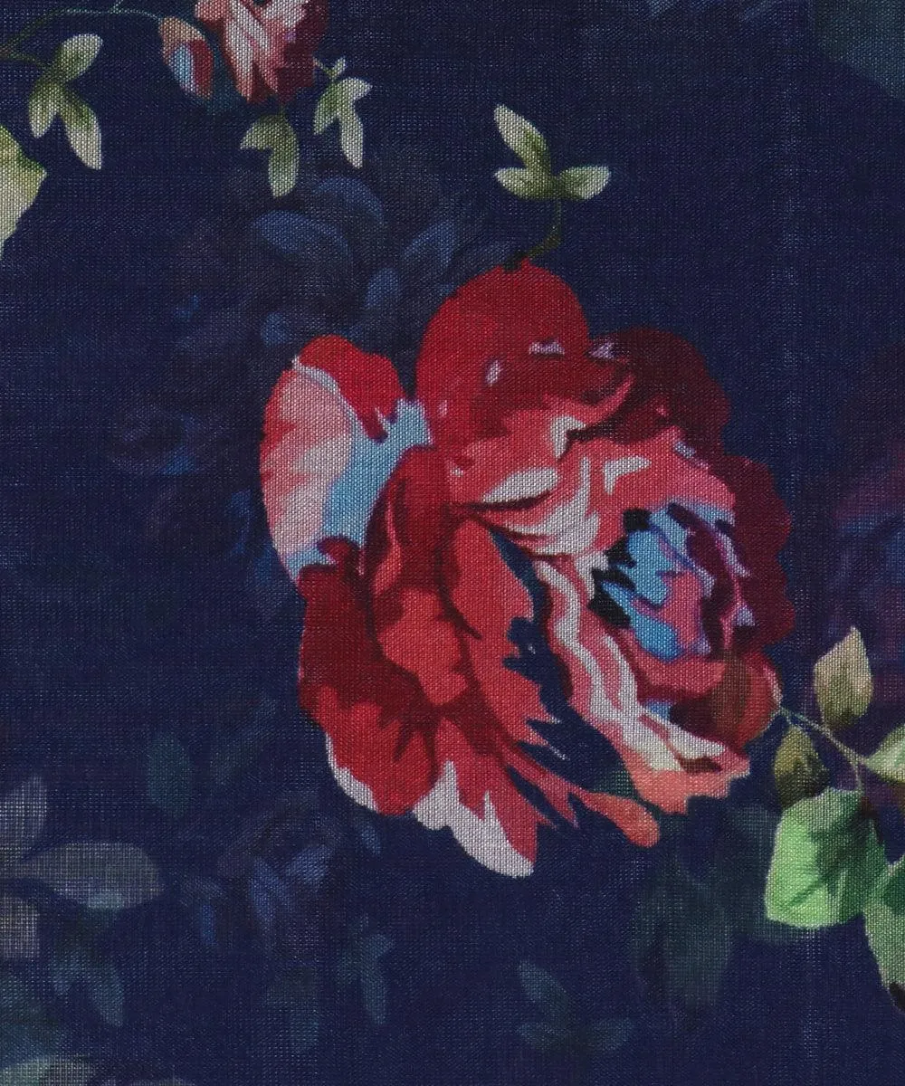 Dark Blue  Colour Floral Print Organza Silk Fabric