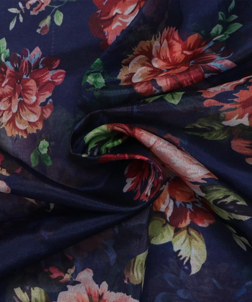 Dark Blue  Colour Floral Print Organza Silk Fabric