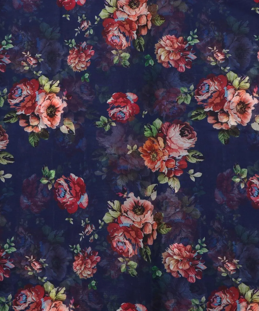 Dark Blue  Colour Floral Print Organza Silk Fabric