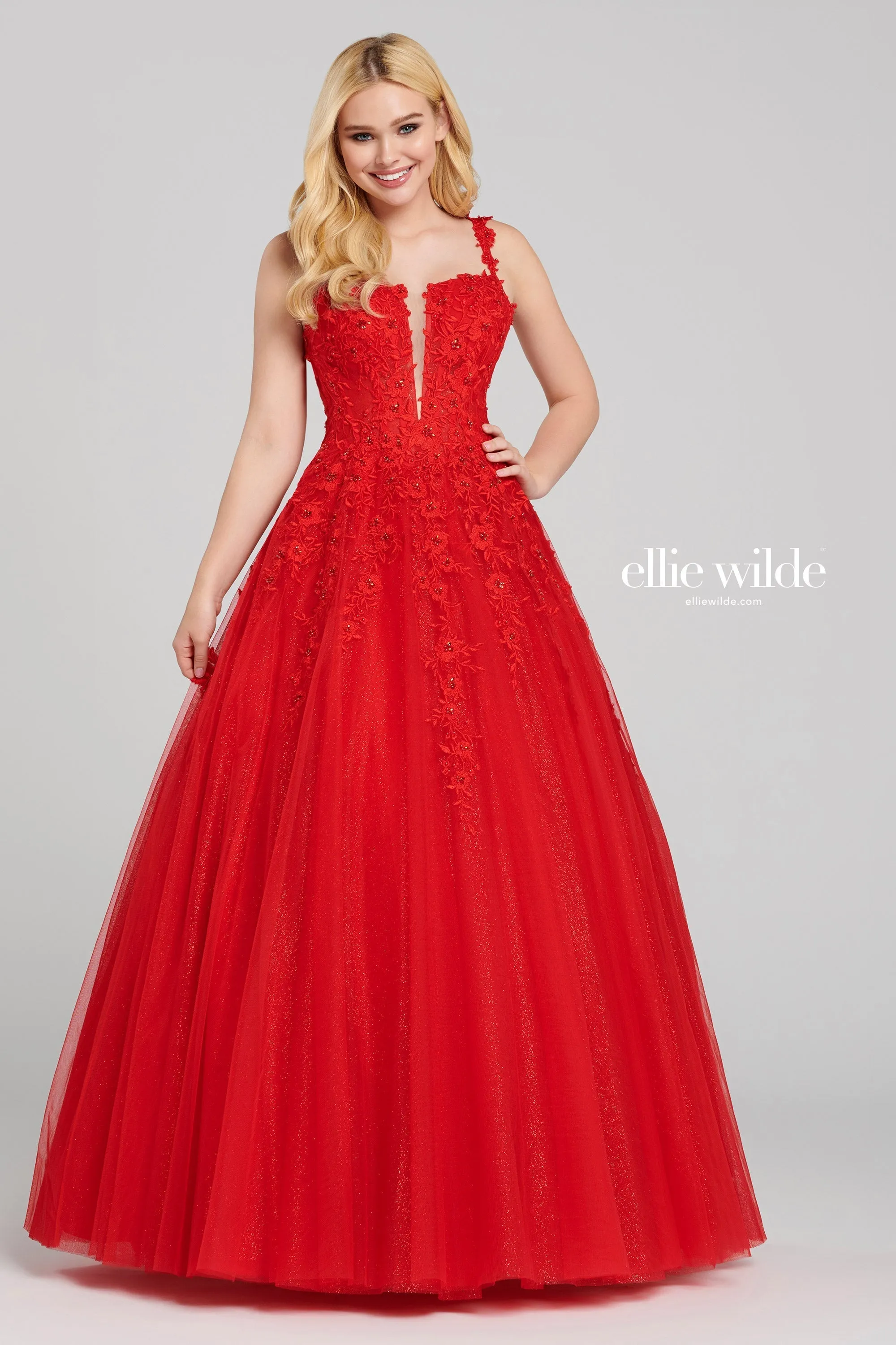 Ellie Wilde EW120014LS Long Sheer Lace Shimmer Ballgown Prom Dress V Neck Formal Gown