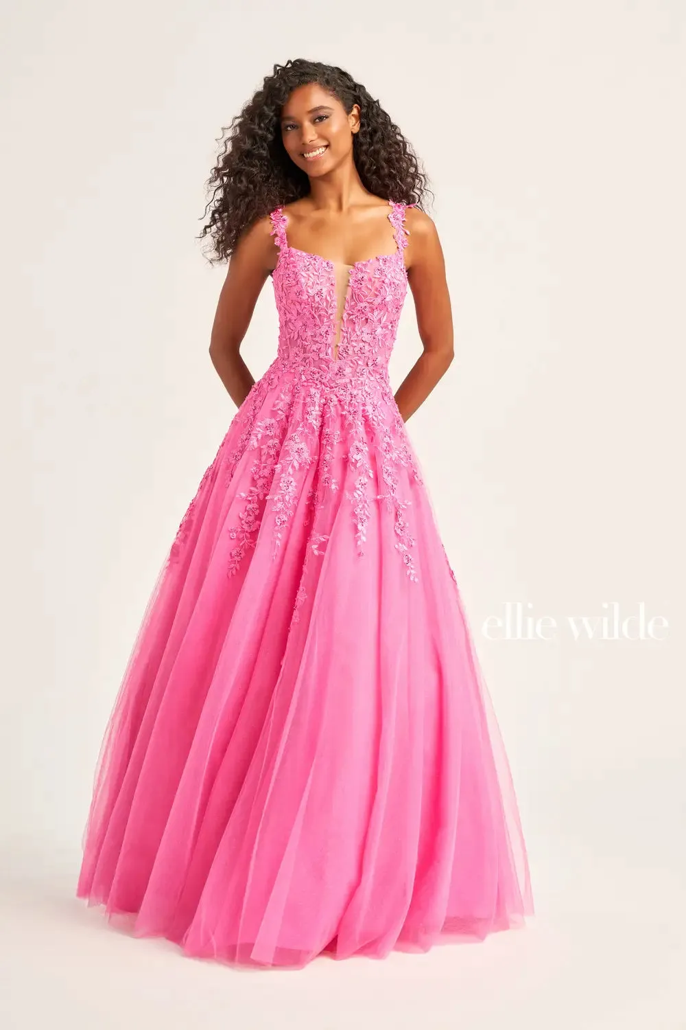 Ellie Wilde EW120014LS Long Sheer Lace Shimmer Ballgown Prom Dress V Neck Formal Gown