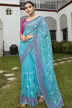 Embroidered and Stone Work Party Style Vintage Organza Saree In Cyan Color