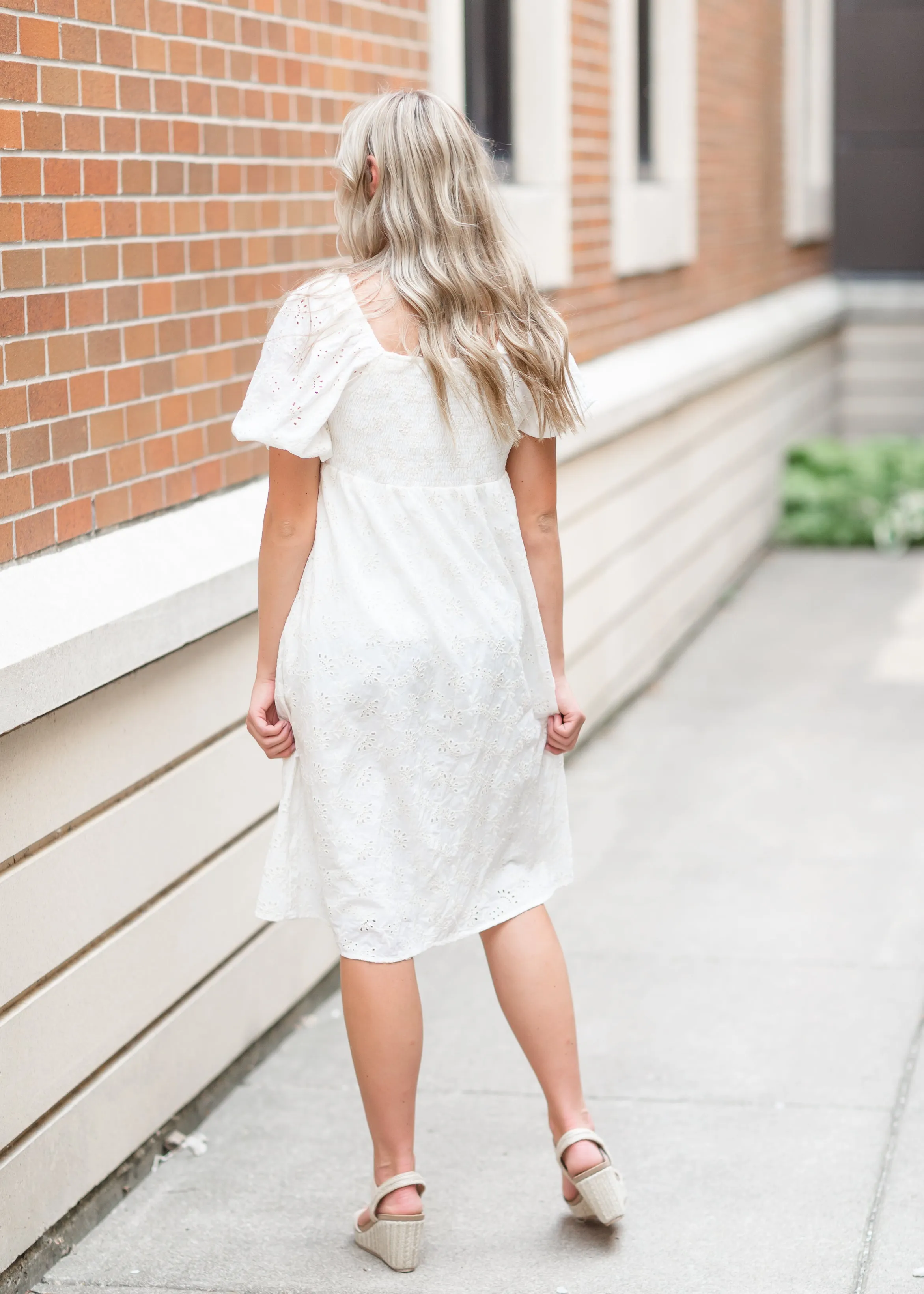 Embroidered Eyelet Midi Dress with Bubble Sleeves - FINAL SALE