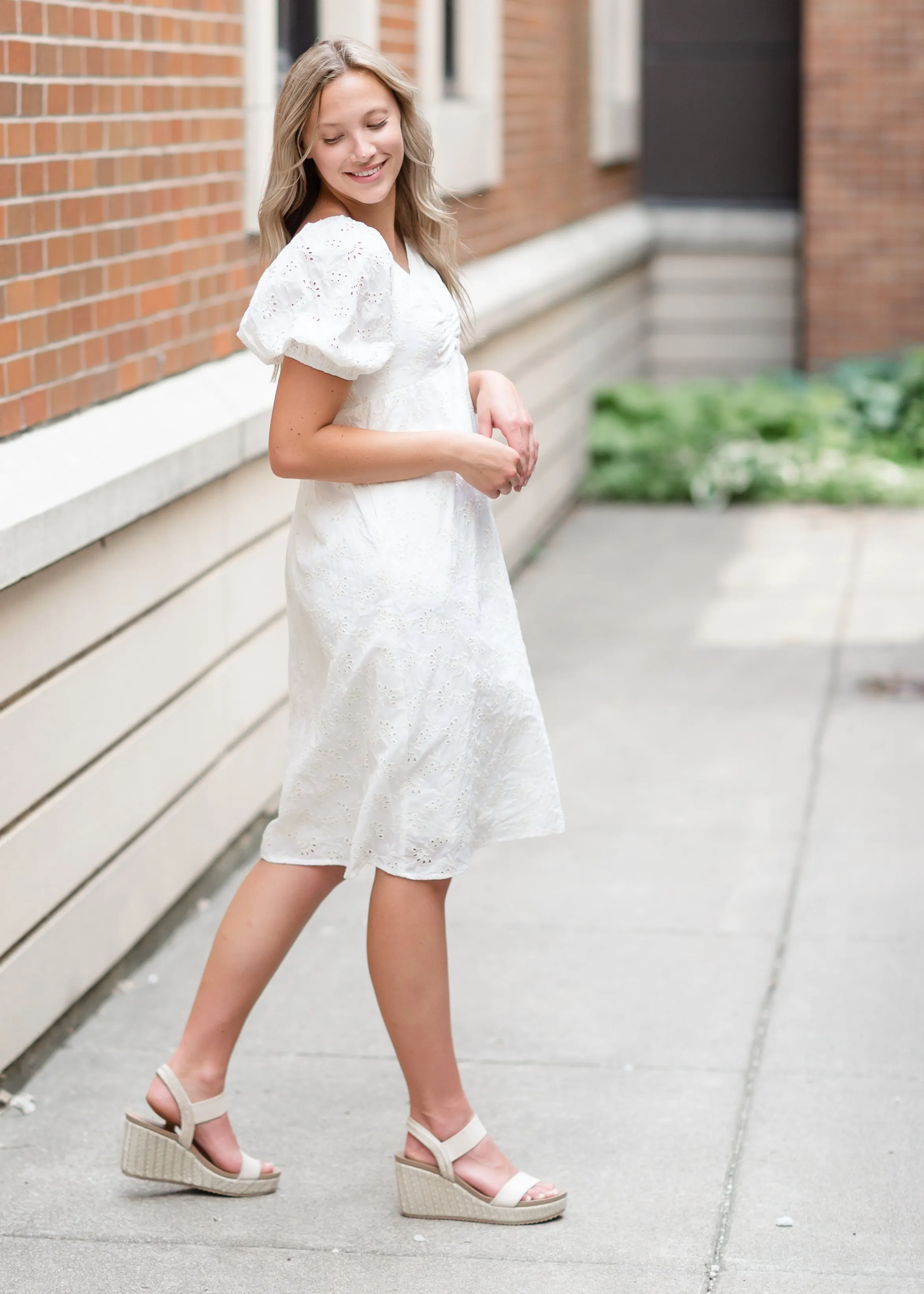 Embroidered Eyelet Midi Dress with Bubble Sleeves - FINAL SALE