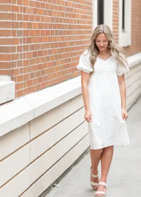 Embroidered Eyelet Midi Dress with Bubble Sleeves - FINAL SALE