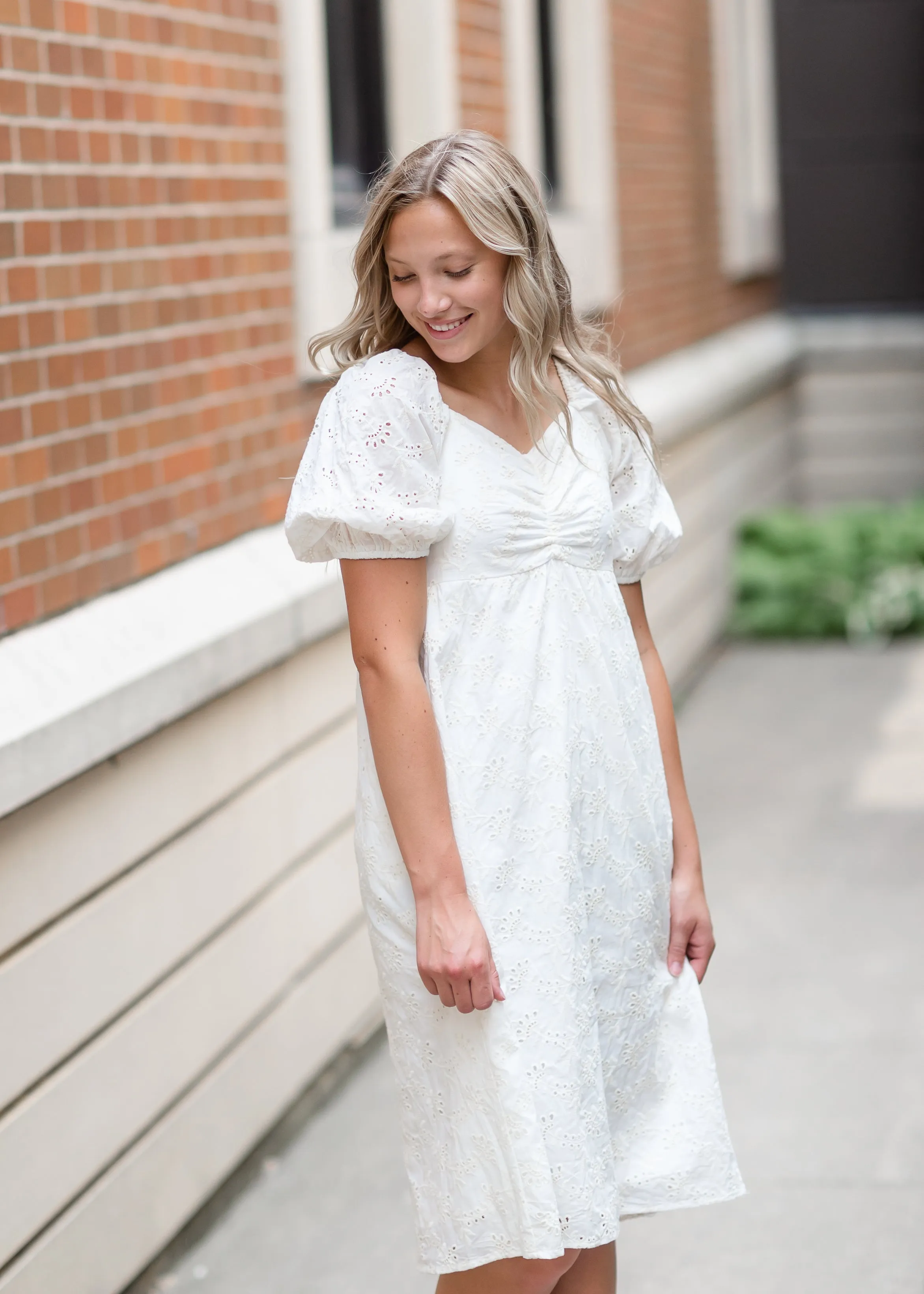 Embroidered Eyelet Midi Dress with Bubble Sleeves - FINAL SALE