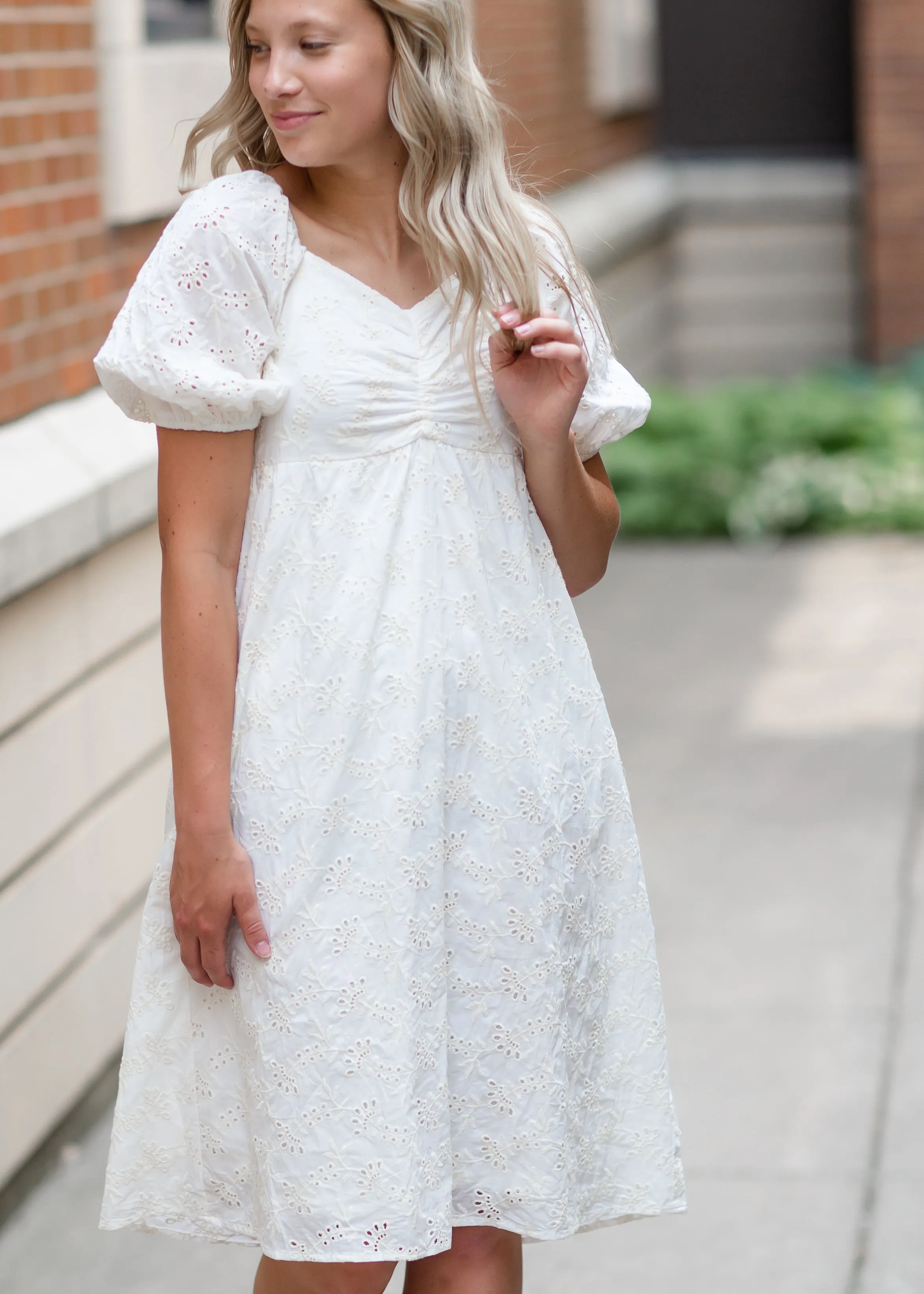 Embroidered Eyelet Midi Dress with Bubble Sleeves - FINAL SALE