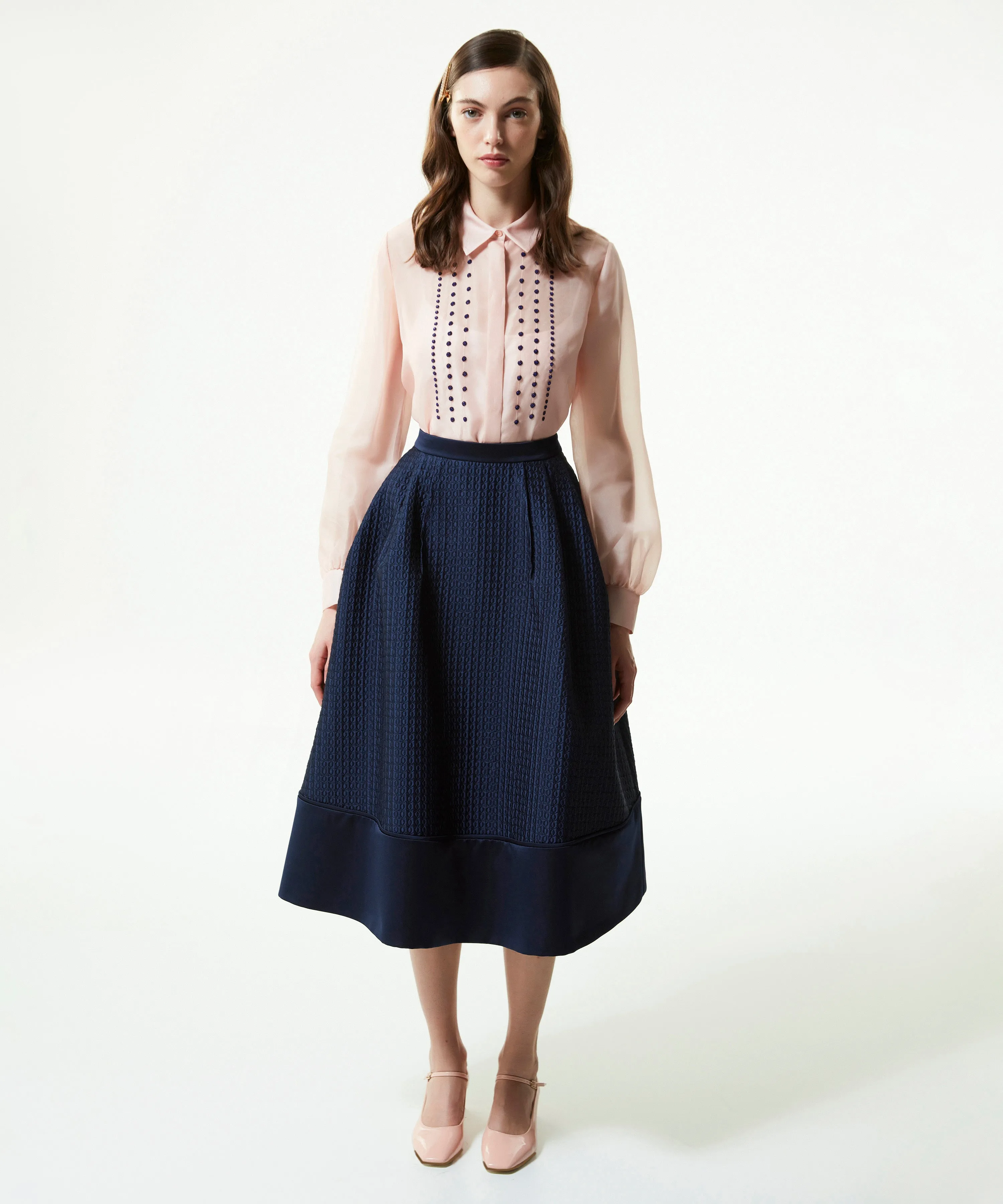 Machka Satin Duchess Jacquard Bell Skirt Navy Blue