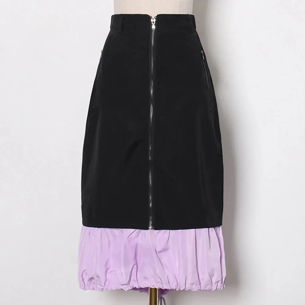 Patchwork Loose Midi Skirt For Women High Waist Colorblock Long Skirts Female Summer Casual Clothing Style