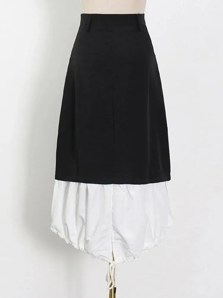Patchwork Loose Midi Skirt For Women High Waist Colorblock Long Skirts Female Summer Casual Clothing Style