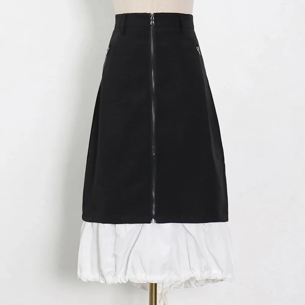 Patchwork Loose Midi Skirt For Women High Waist Colorblock Long Skirts Female Summer Casual Clothing Style