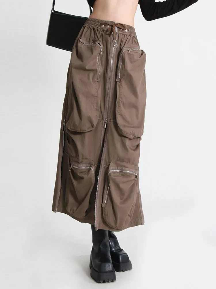 Patchwork Pocket Skirt For Women High Waist Straight Solid Streetwear Midi Skirts Female Clothing Autumn