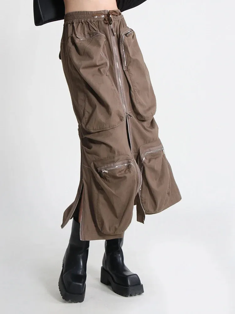 Patchwork Pocket Skirt For Women High Waist Straight Solid Streetwear Midi Skirts Female Clothing Autumn