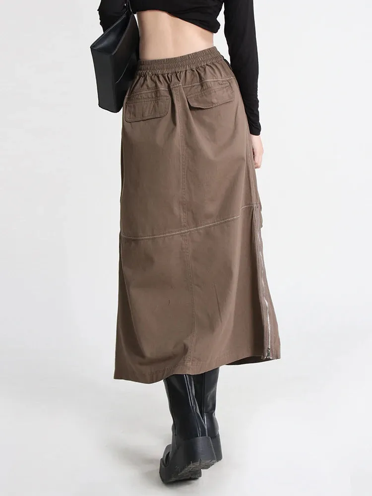 Patchwork Pocket Skirt For Women High Waist Straight Solid Streetwear Midi Skirts Female Clothing Autumn