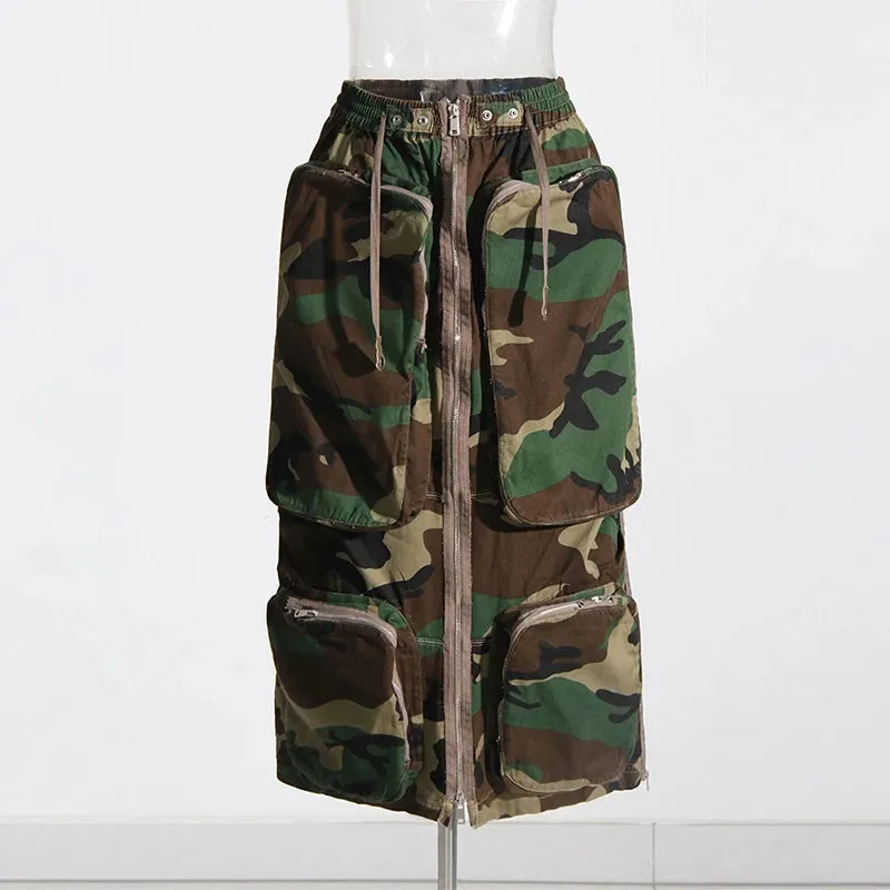 Patchwork Pocket Skirt For Women High Waist Straight Solid Streetwear Midi Skirts Female Clothing Autumn