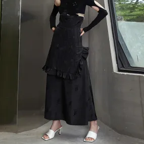 Patchwork Vintage Midi Skirt For Women High Waist Irregular Ruffle Trim Solid Midi Skirts Female Clothing Style