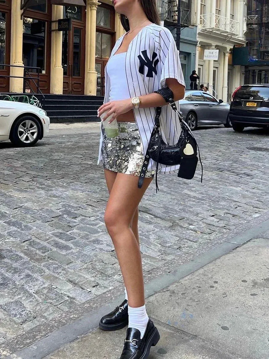 Sequin Summer Casual Elastic Mini A-line for Beaches Club Streetwear Shiny Skirt